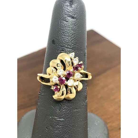 Red Gemstone Cocktail Ring 14k Yellow Gold Estate Jewelry Women's Size 7 - Picture 7 of 14